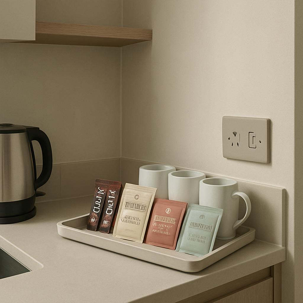 A narrow kitchen area with a counter, sink, and electric kettle on the left, accompanied by a small tray of four tea bags ...