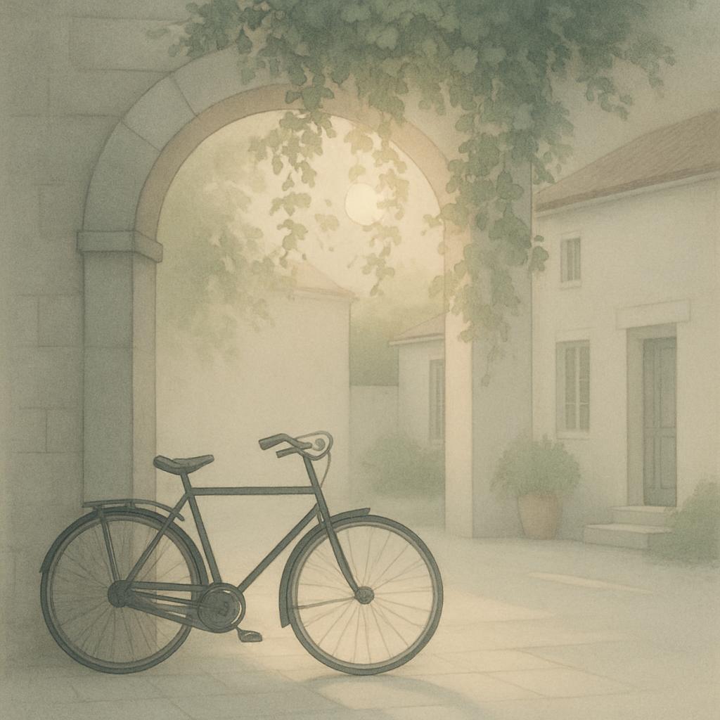 A black bicycle stands in front of an arched entryway to a white house and courtyard, with sunlight filtering through tree...