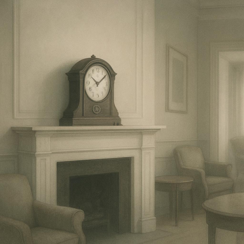 Fine art drawing of a room with a Mantel Clock, a pair of armchairs, and fireplace, vintage aesthetics.