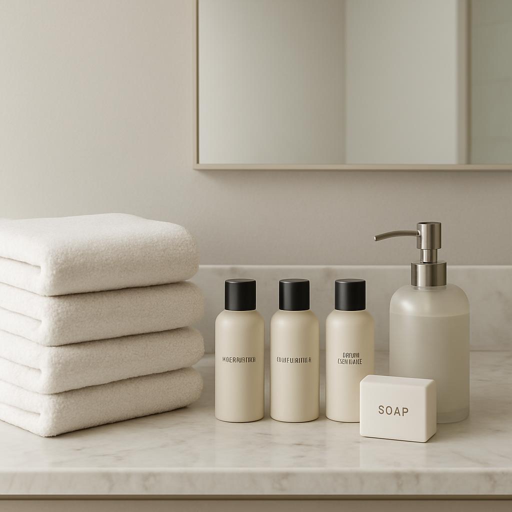 The bathroom counter with soap and towels on it, and bottles of what are possibly lotion or conditioner or another product...
